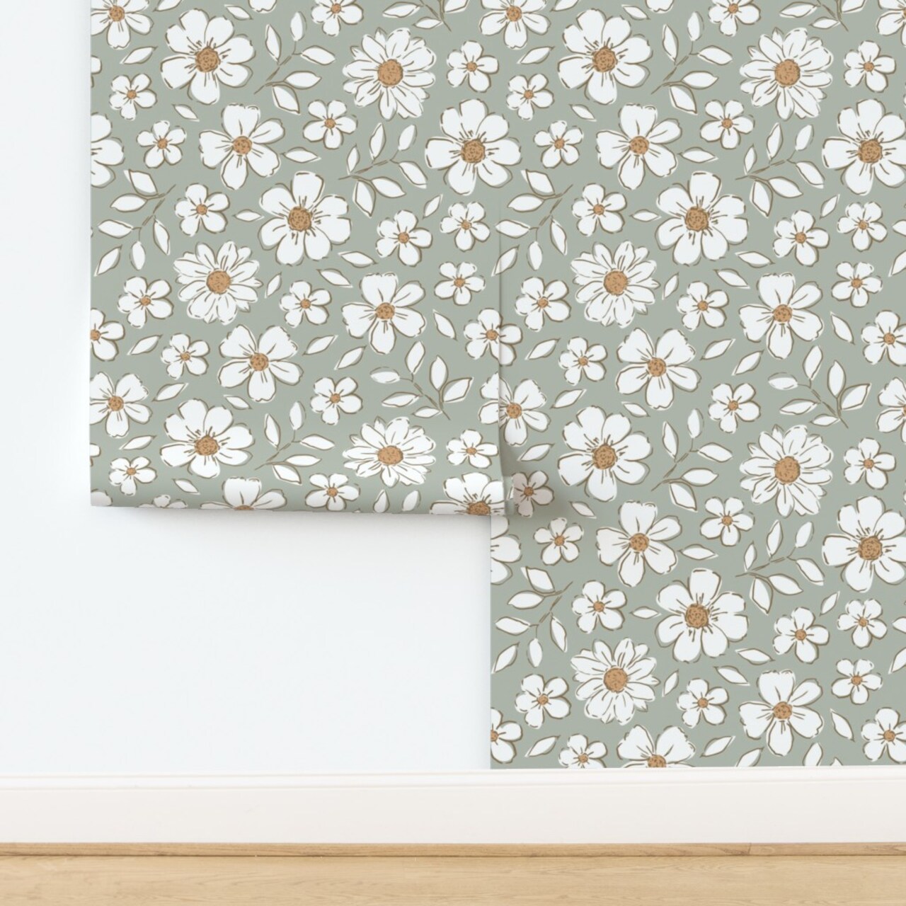 Woodland Flowers Sage Green Bohemian Botanical Neutral Cottagecore Custom Removable Wallpaper by Spoonflower Peel & Stick Wallpaper 2FT Wide